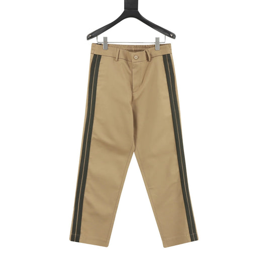 Men Moncler Straight Leg Trousers Two Tone Side Stripe Luxury Daily Pants Khaki with Dark Green Side Stripes