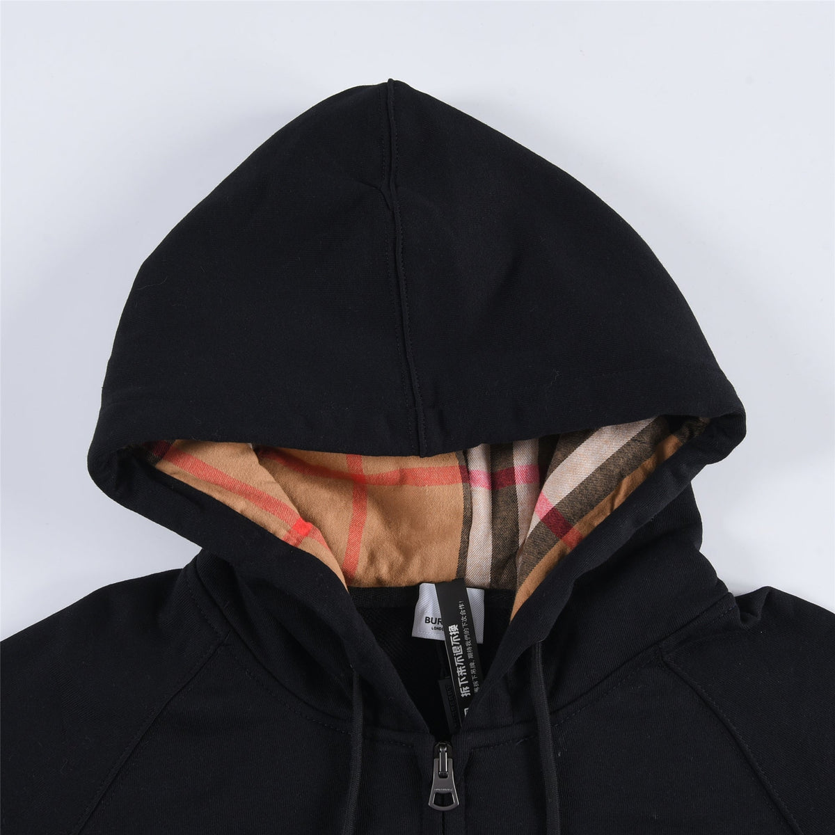 Burberry Black B Square Patch Zip Up Hoodie Vintage Check Hood Lining Unisex