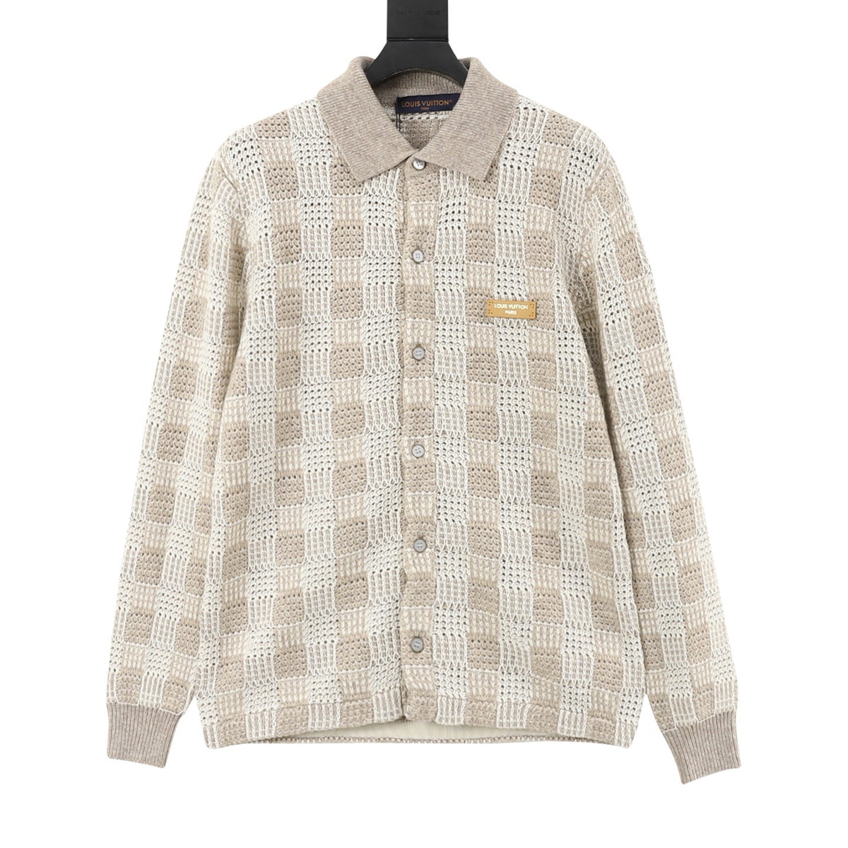 LV Beige Check Openwork Crochet Knit Collared Cardigan Unisex Designer Top
