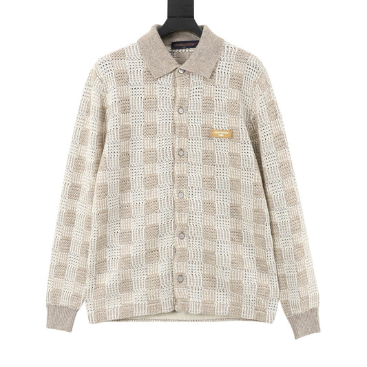 LV Beige Check Openwork Crochet Knit Collared Cardigan Unisex Designer Top