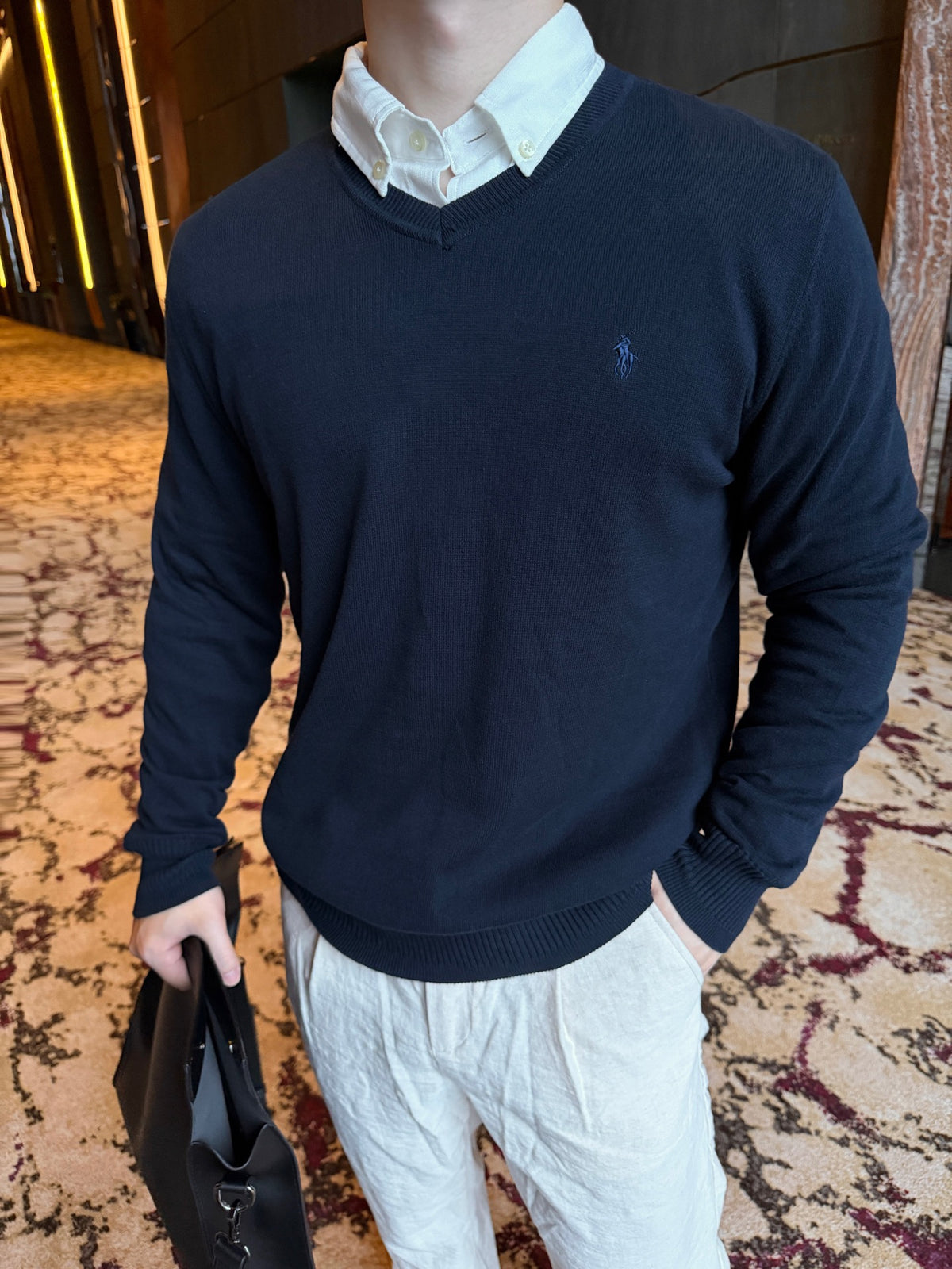 Polo Ralph Lauren Navy V-Neck Jacquard Knit Sweater Subtle Pony Logo Pullover Unisex
