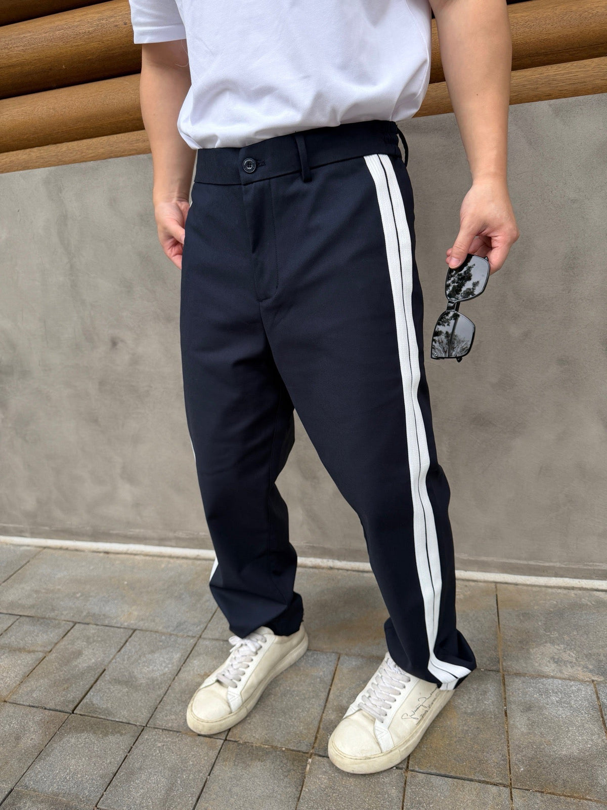 Moncler Men's Side Stripe Cotton Blend Straight Leg Trousers Luxury Casual Pants Navy/White
