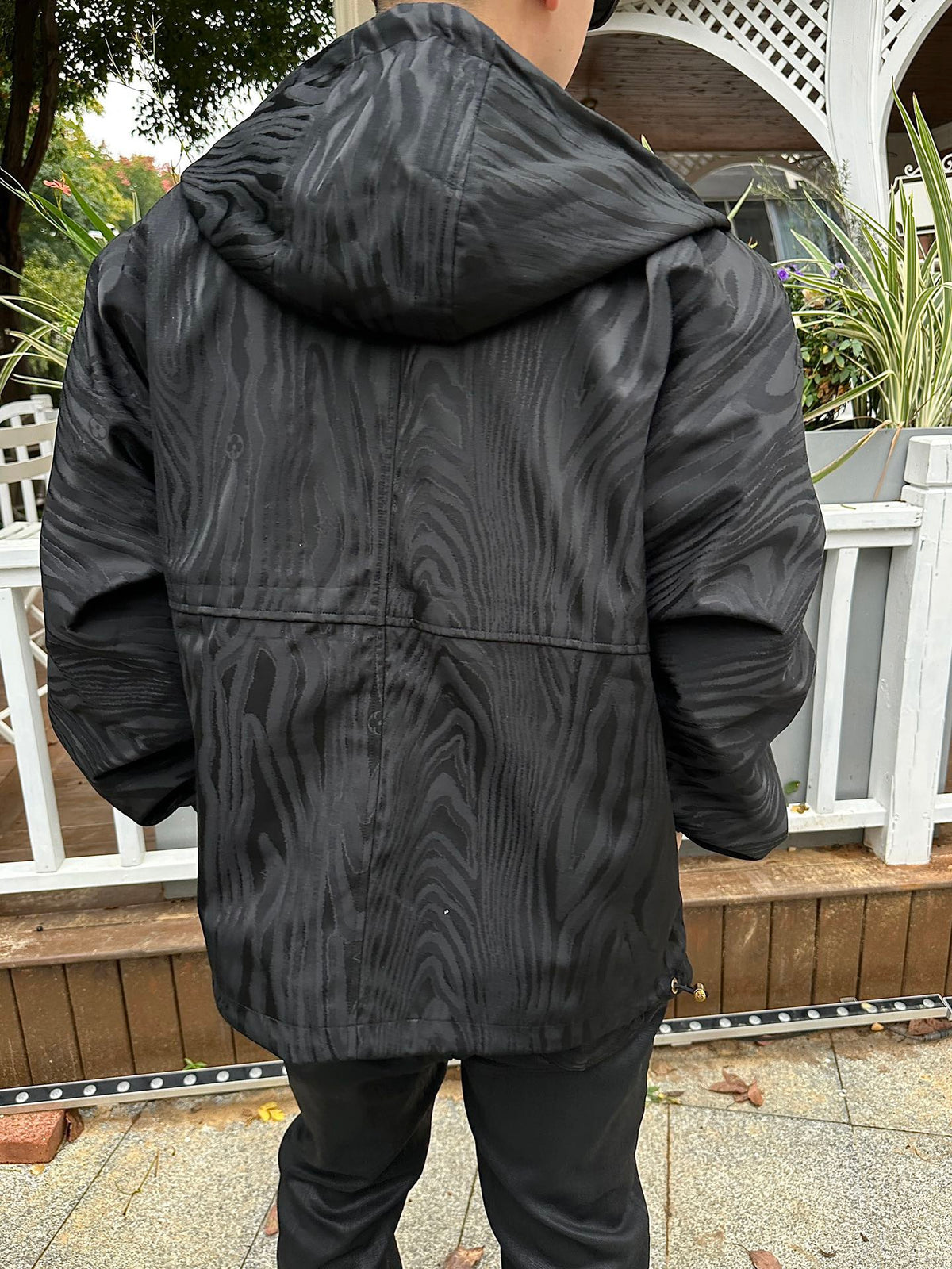 Celine Black Wood Grain Jacquard Hooded Windbreaker Gold Zip Jacket