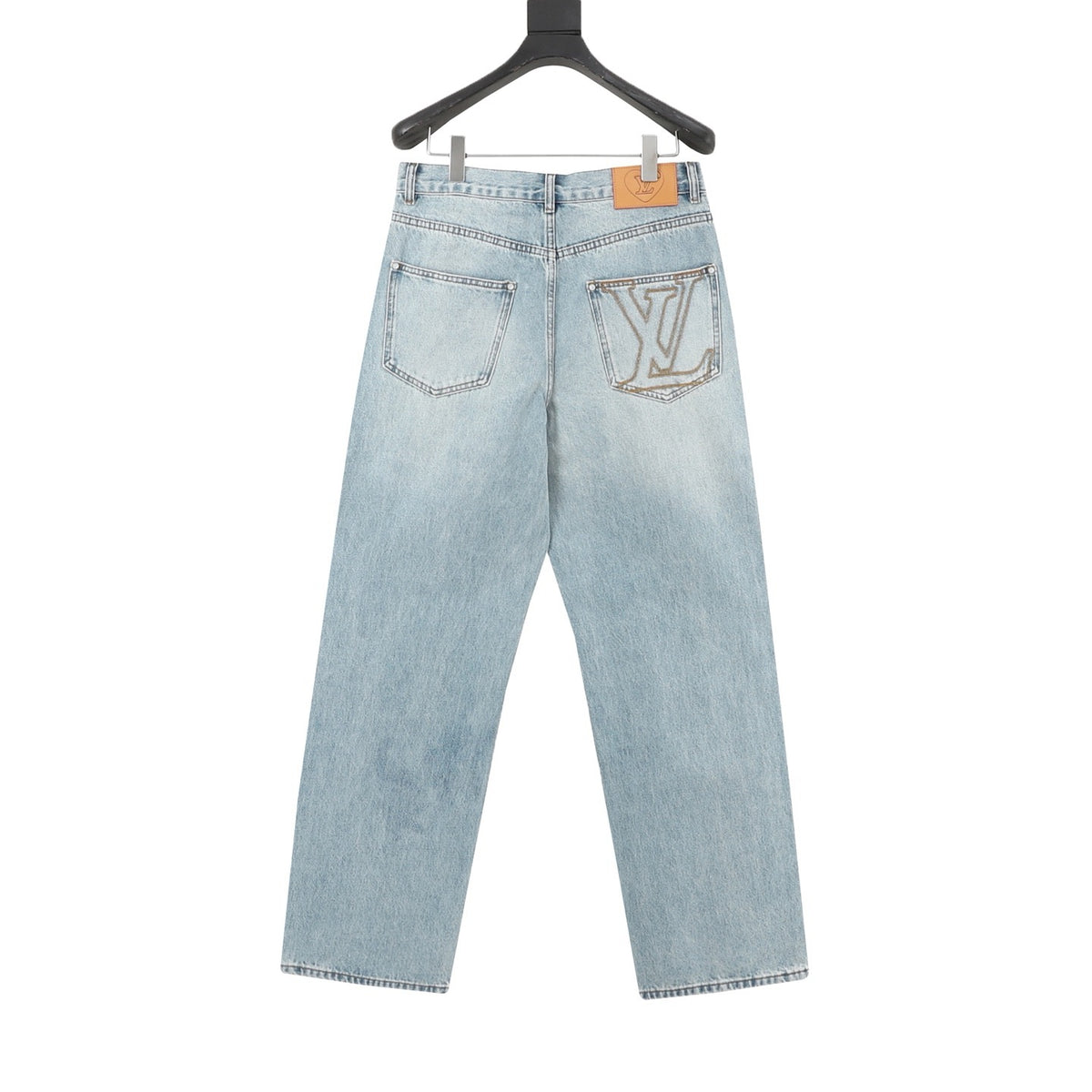 LV Luxury Embroidered Badge Wide Leg Jeans Relaxed Fit Streetwear Denim Trousers Light Wash Blue