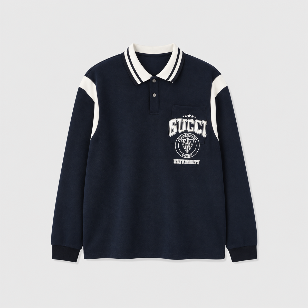 Gucci University Logo Long Sleeve Polo Shirt – Navy with Striped Collar