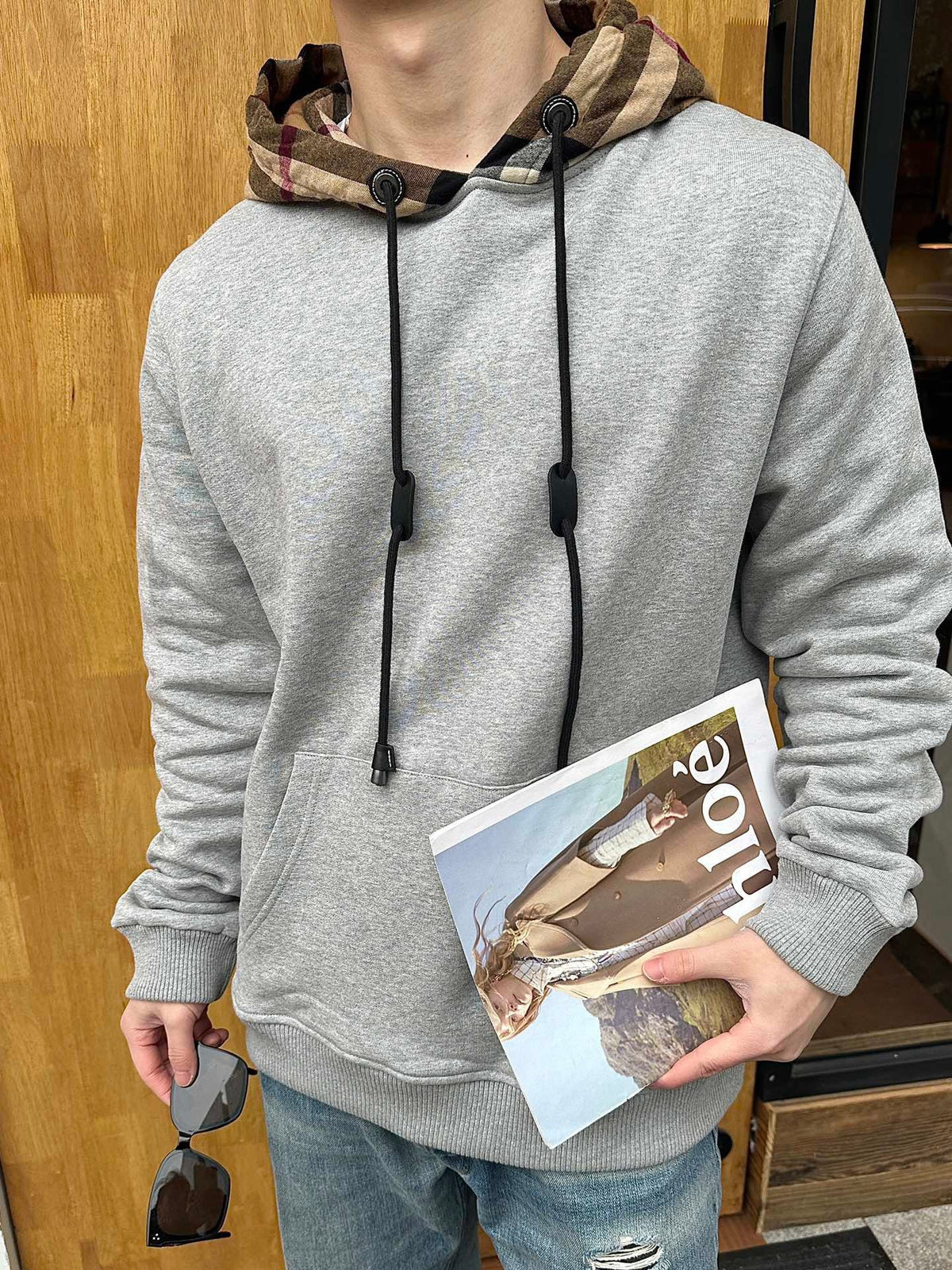 Burberry Heather Grey Vintage Check Hood Panel Hoodie Unisex
