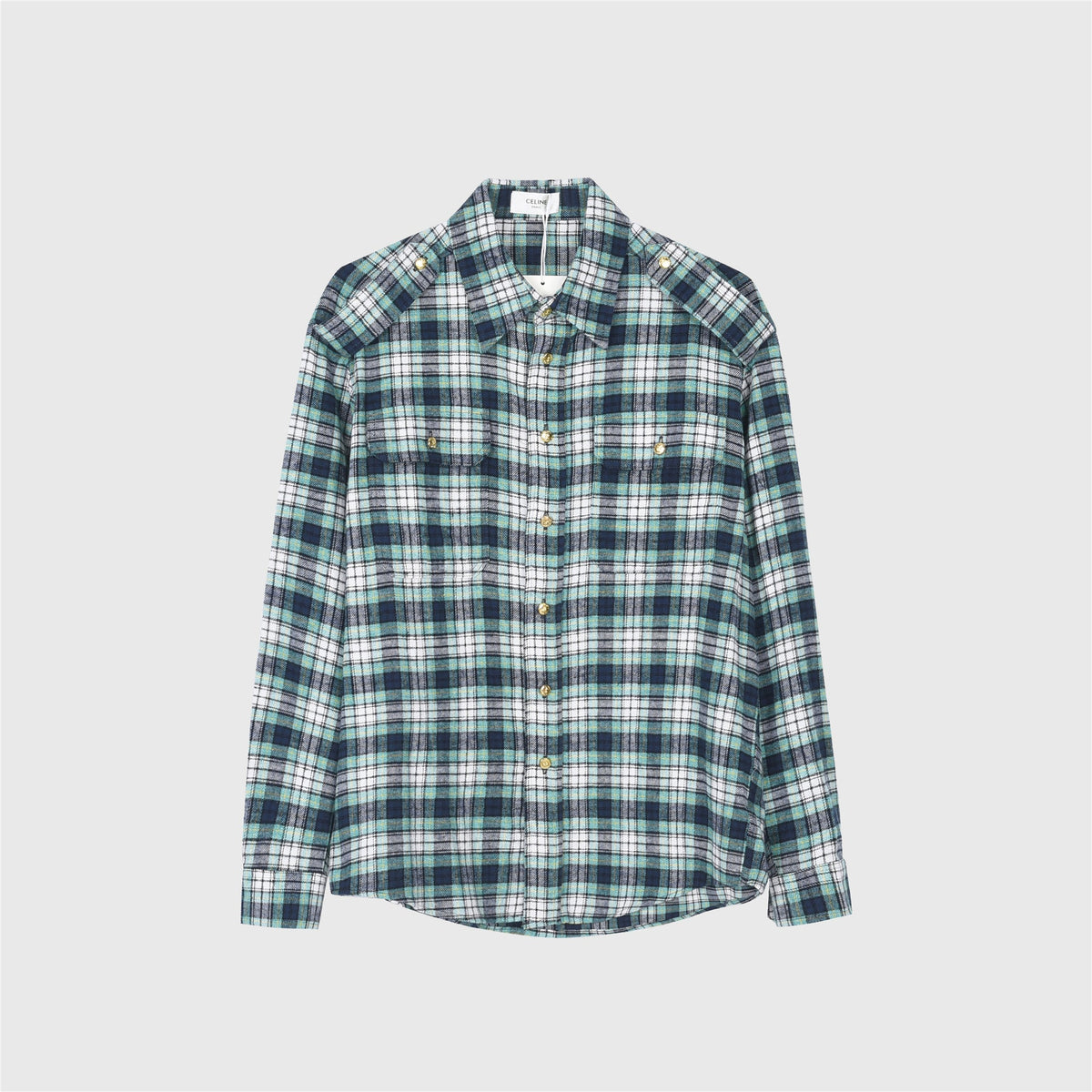 CELINE Plaid Western Shirt – Long Sleeve with Snap Buttons Unisex& Chest Pockets Green Blue