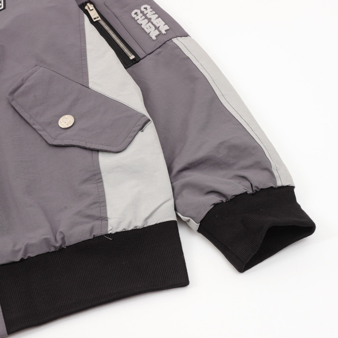 Chanel Grey Color Block Reversible Bomber Jacket CC Square Logo Unisex