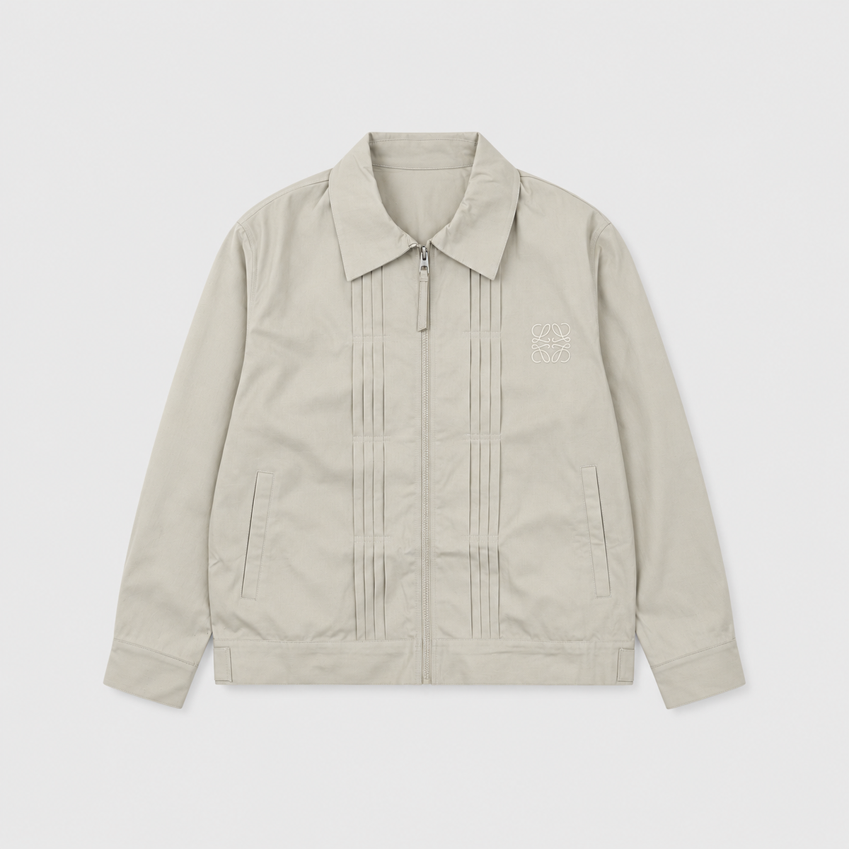 Loewe Light Khaki Pleated Collared Jacket Anagram Embroidery Zip Up Coat