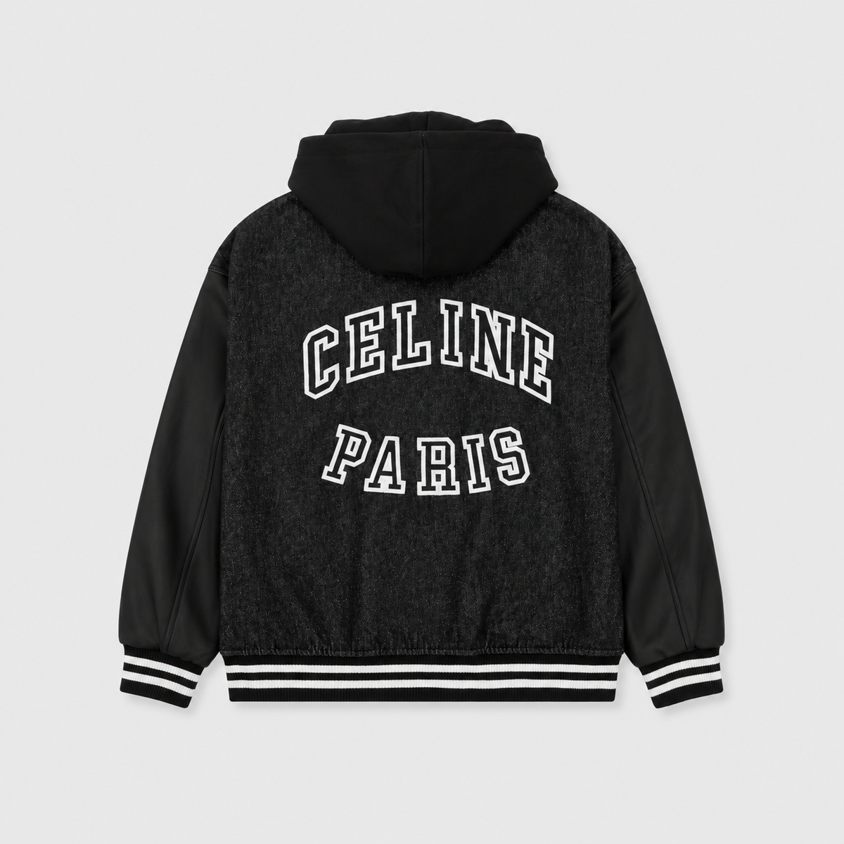 Celine Black Denim Leather Sleeve Detachable Hood Varsity Jacket Unisex