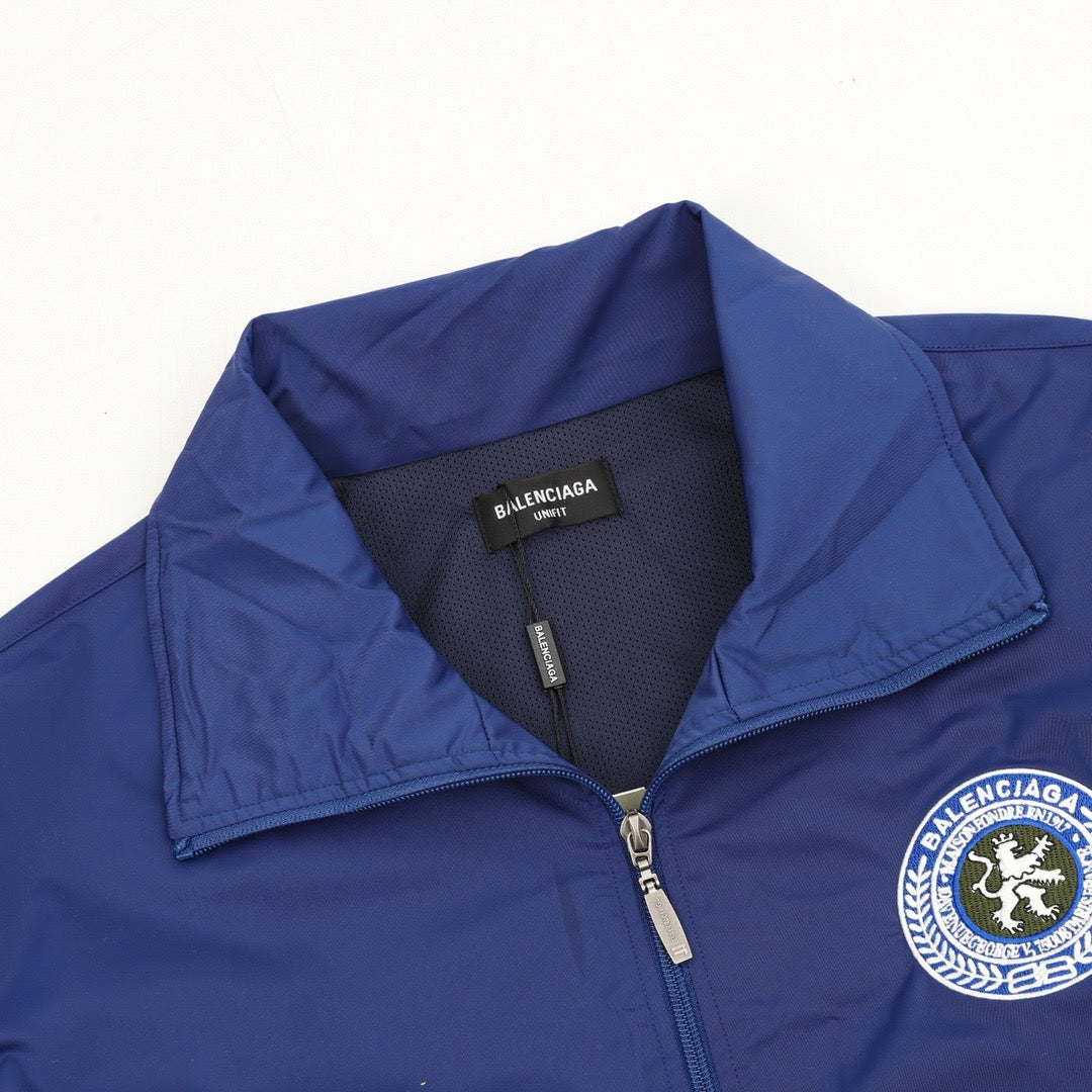 Balenciaga Crest Logo College Track Jacket Unisex Royal Blue with Green & White Stripes