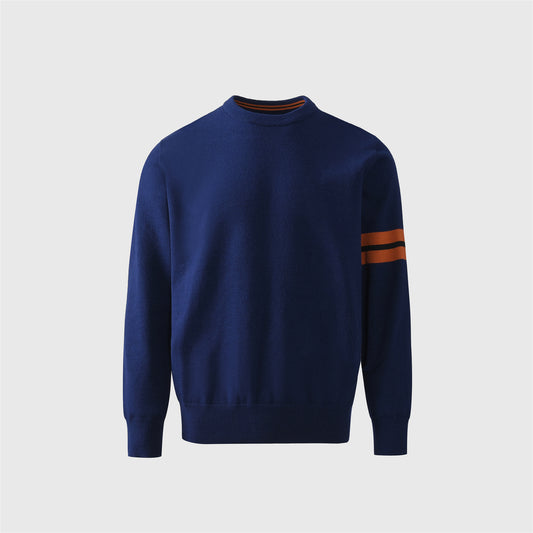 Navy Crew Neck Knit Sweater Orange Striped Sleeve Minimalist Pullover Unisex