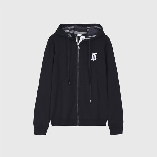 Burberry Black TB Monogram Embroidered Zip Up Hoodie Check Lined Hood Unisex