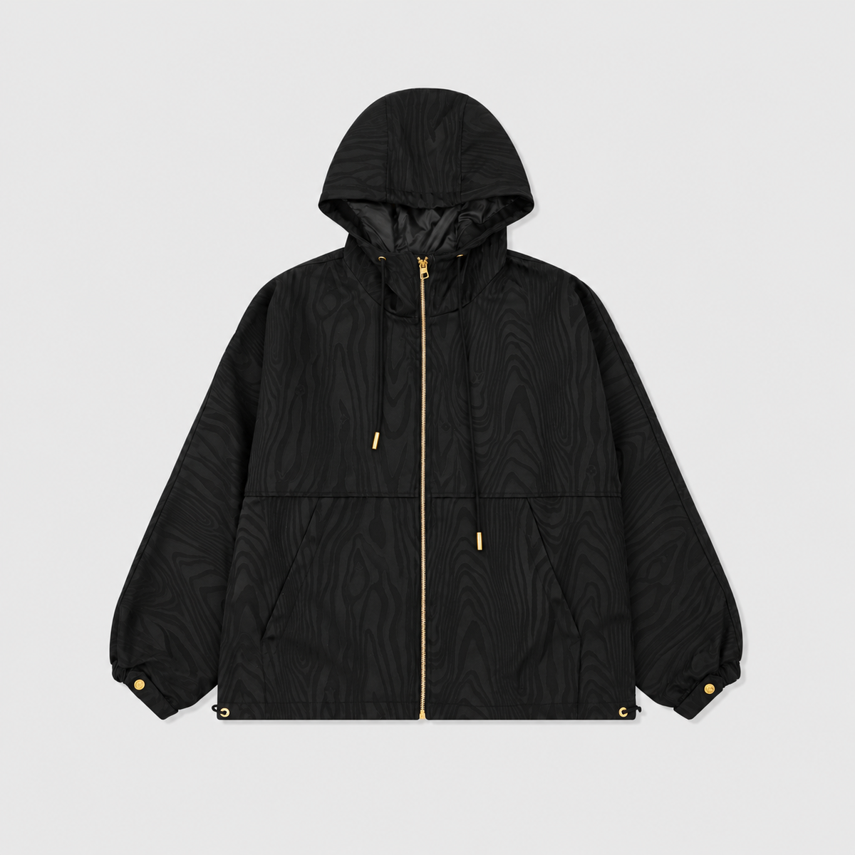 Celine Black Wood Grain Jacquard Hooded Windbreaker Gold Zip Jacket
