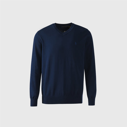 Polo Ralph Lauren Navy V-Neck Jacquard Knit Sweater Subtle Pony Logo Pullover Unisex