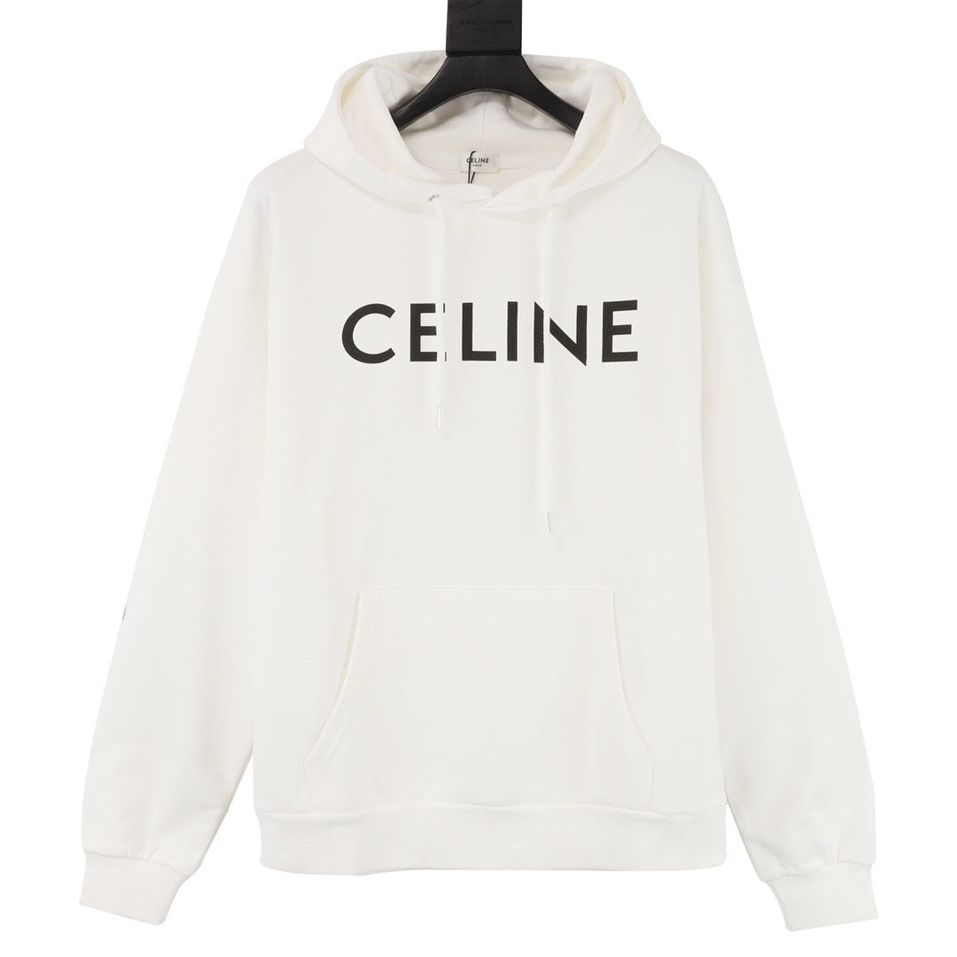 Celine Logo Print Pullover Hoodie Unisex white