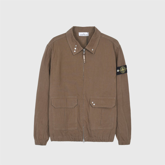 Stone Island Khaki Field Jacket Men Zip Up Collared Overshirt Compass Badge