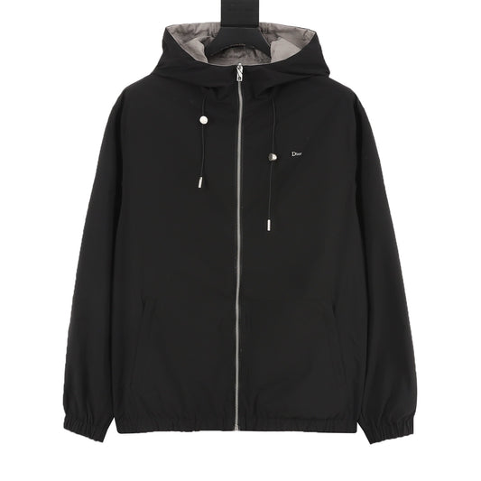 Dior Minimal Logo Hooded Jacket Lightweight Zip Up Wind Coat Unisex Black