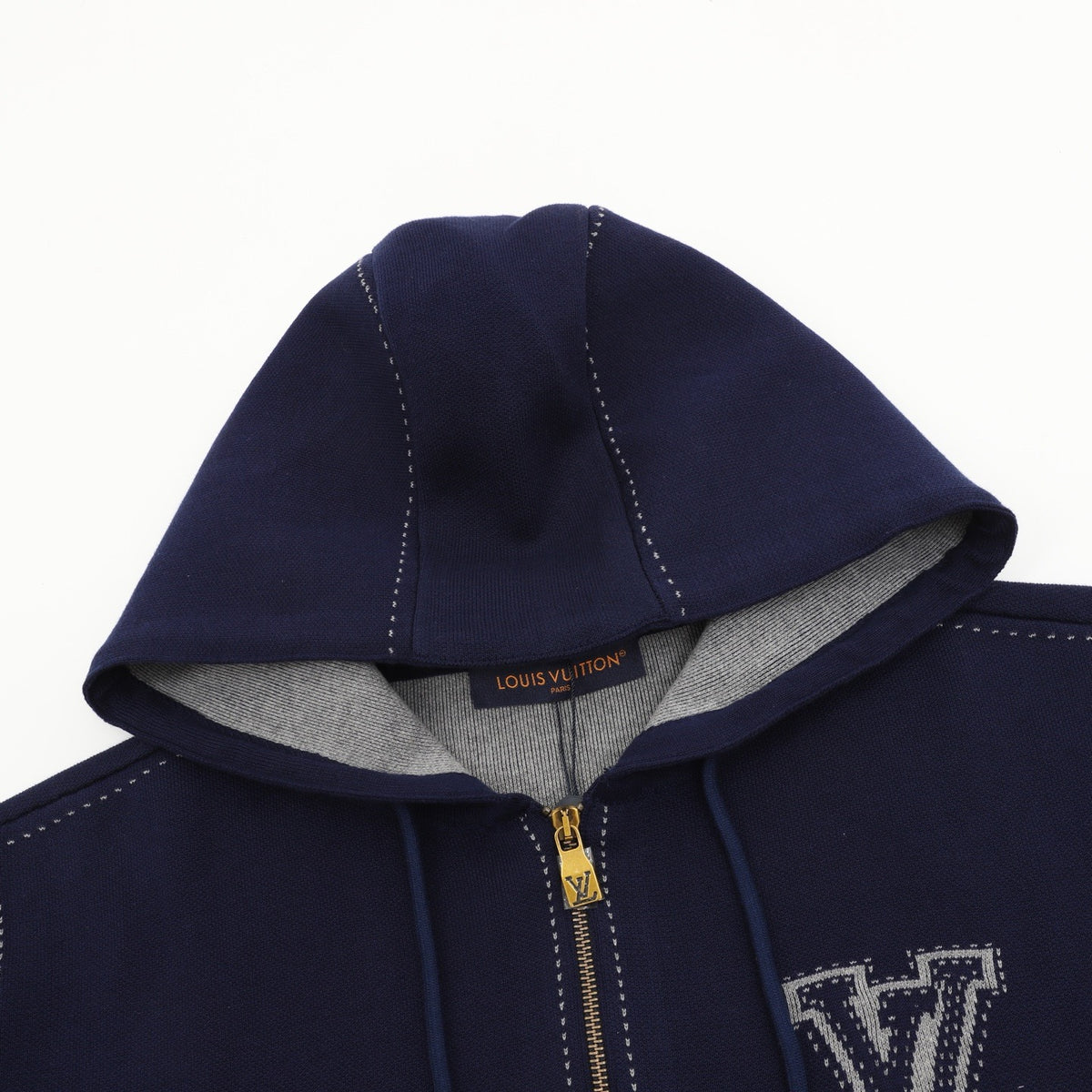 LV Contrast Stitch Embroidery Zip Hoodie Oversized Full Zip Jacket Sweatshirt Navy Unisex Blue（副本）
