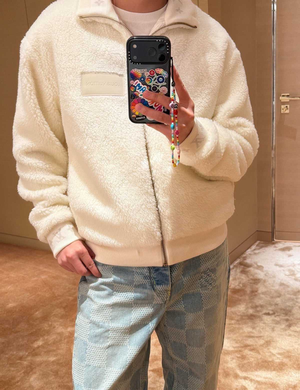 LV Monogram Cuff Sherpa Fleece Full Zip Warm Jacket Unisex Off White