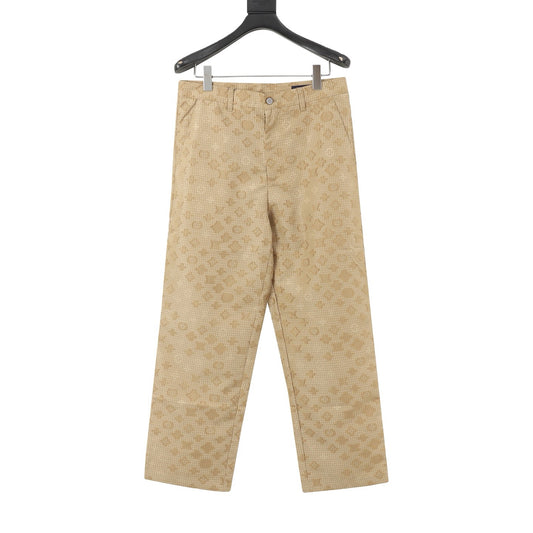 Luxury Monogram Grid Print Straight Leg Trousers Casual Streetwear Pants Unisex Khaki