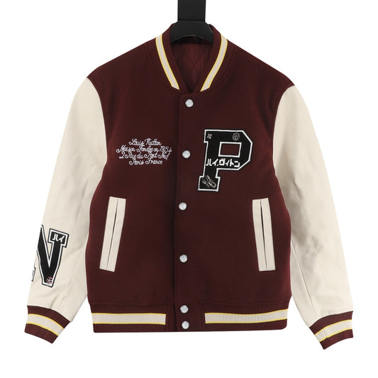 LV x Nigo Burgundy Letter Patch Varsity Jacket Vintage Baseball Coat Streetwear unisex Burgundy & Off-white