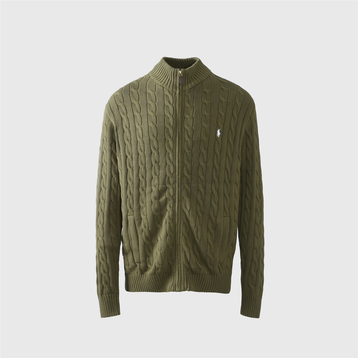 Polo Ralph Lauren Olive Green Cable Knit Full Zip Sweater White Pony Logo Unisex