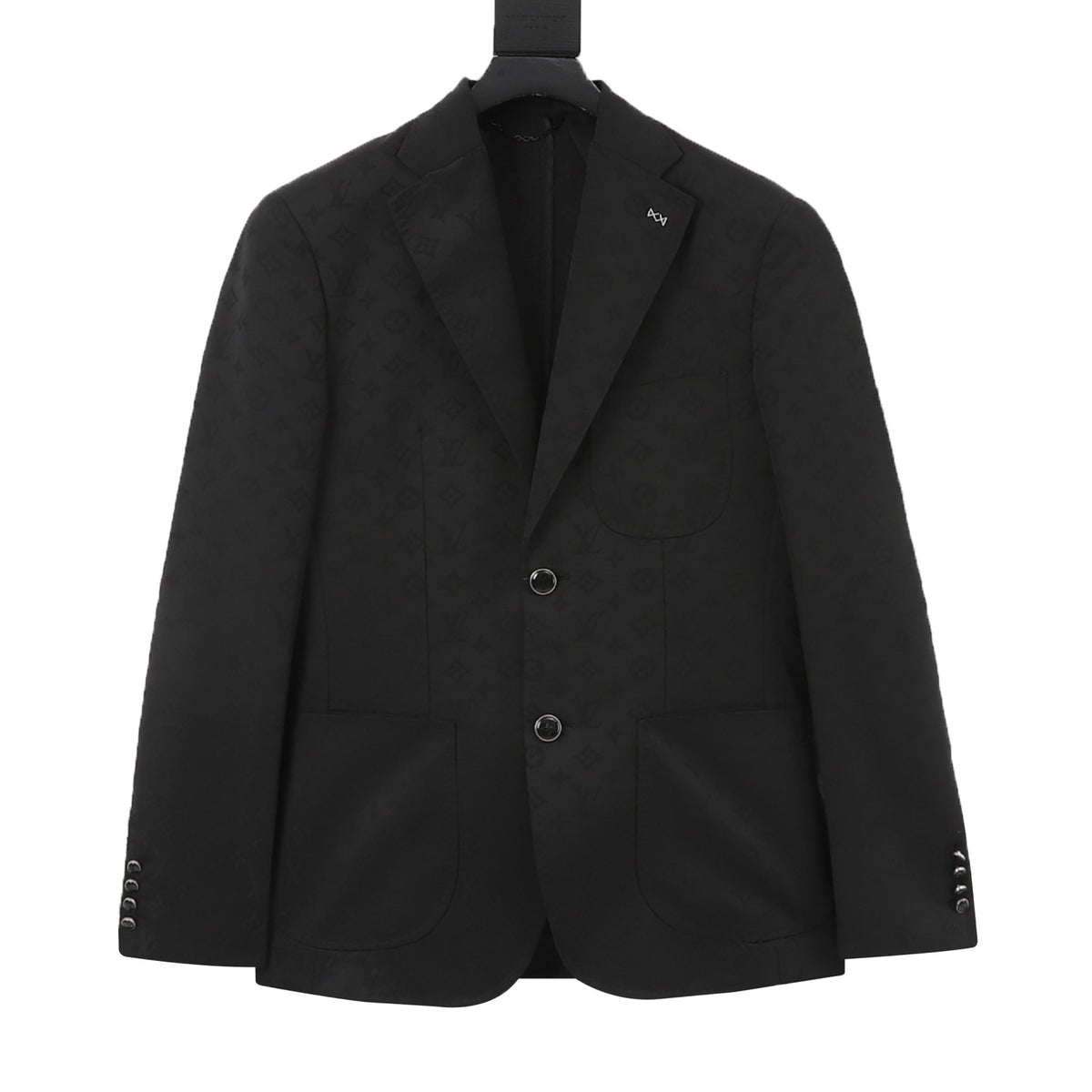 LV Luxury Monogram Jacquard Two Button Blazer Notch Lapel Casual Suit Jacket Solid Black