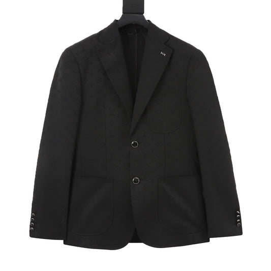 LV Luxury Monogram Jacquard Two Button Blazer Notch Lapel Casual Suit Jacket Solid Black