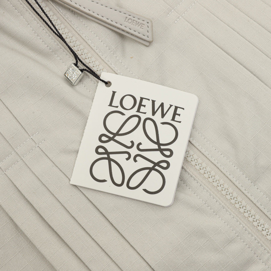 Loewe Light Khaki Pleated Collared Jacket Anagram Embroidery Zip Up Coat