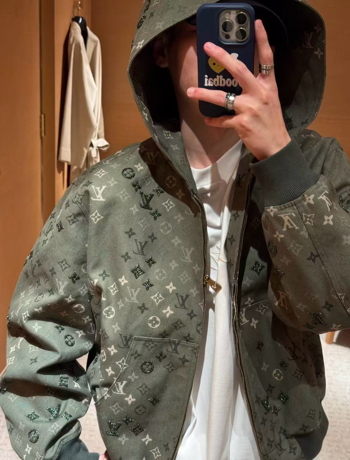 Louis Vuitton Monogram Print Zip Up Hooded Jacket Luxury Hoodie Coat Unisex Olive Green