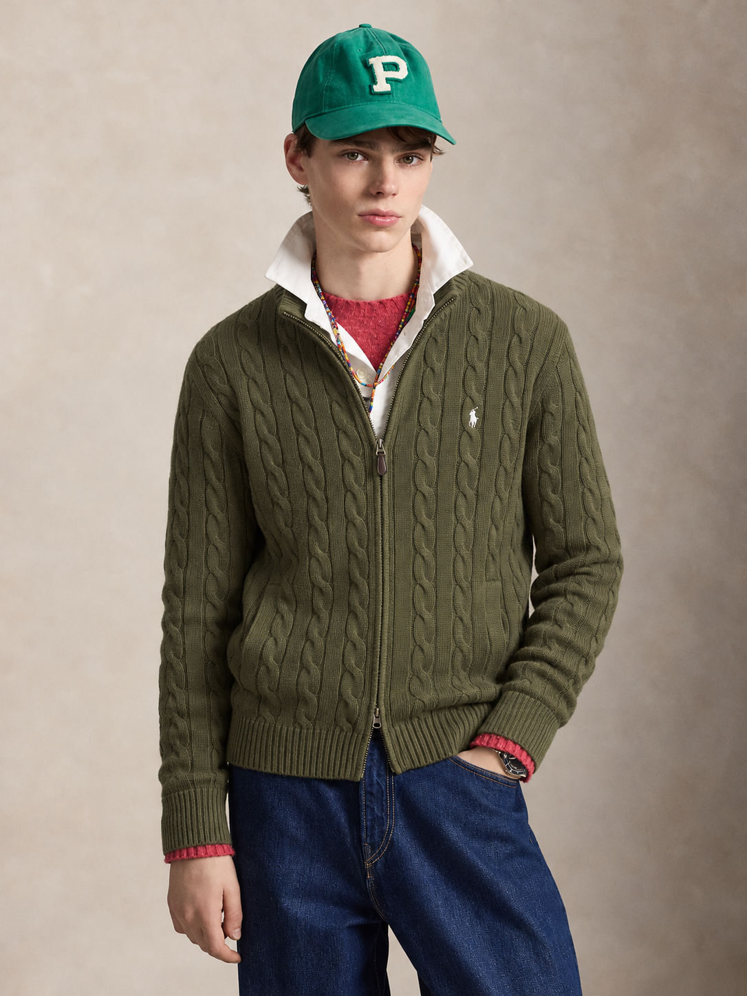 Polo Ralph Lauren Olive Green Cable Knit Full Zip Sweater White Pony Logo Unisex