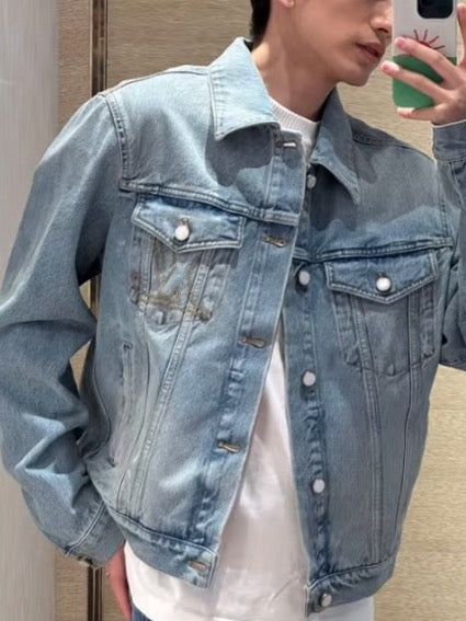 Louis Vuitton Light Wash Denim Trucker Jacket Unisex Button Front Outerwear Light Wash Blue