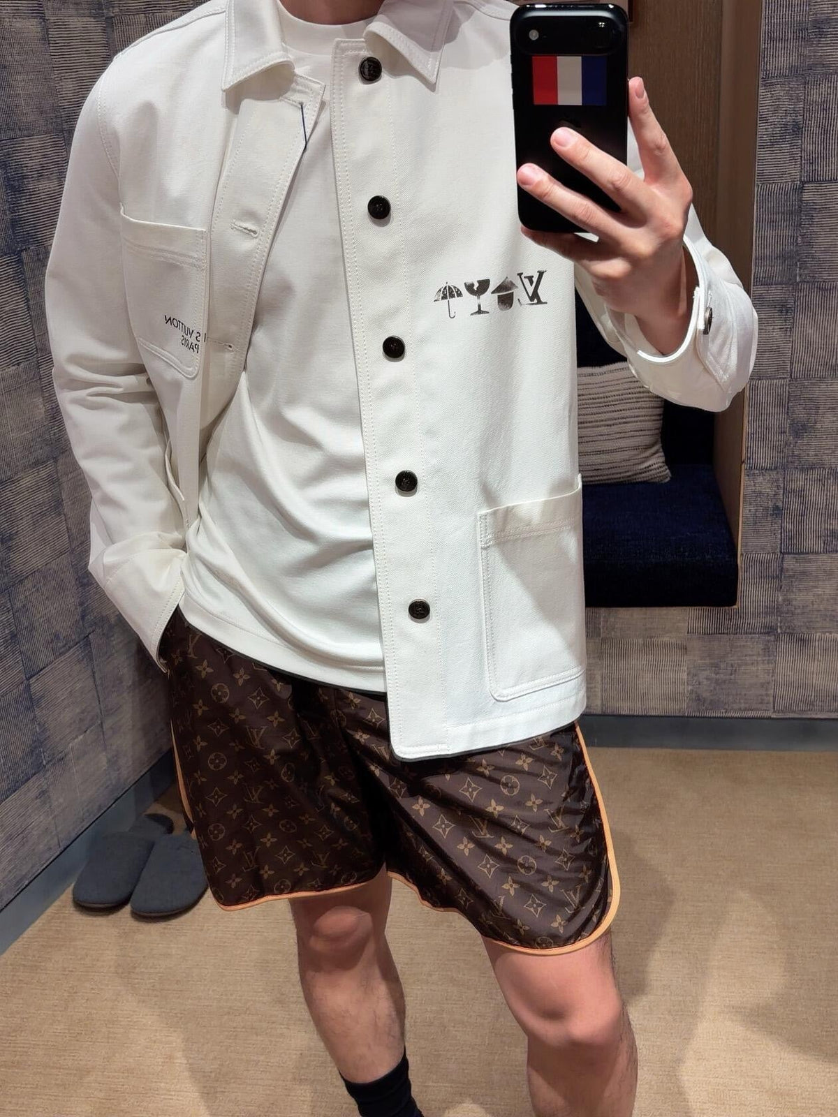 LV Signature Print Three Pocket Work Jacket Premium Cotton Outerwear Unisex Off White