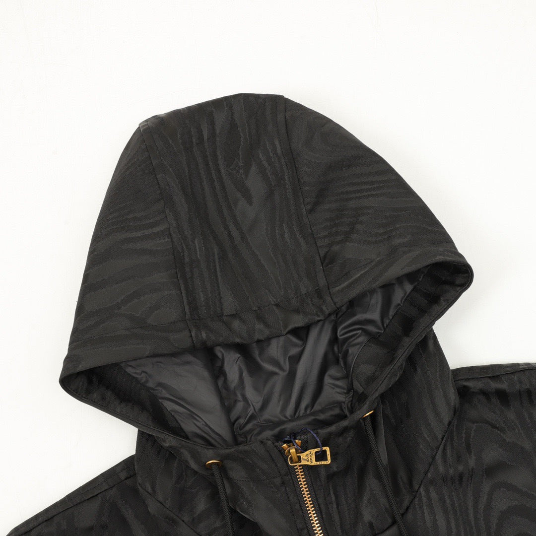 Celine Black Wood Grain Jacquard Hooded Windbreaker Gold Zip Jacket