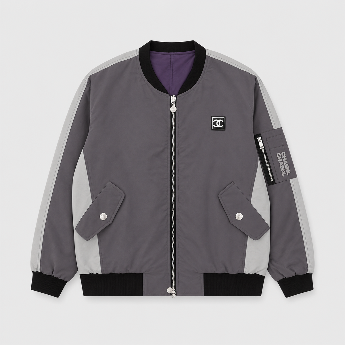 Chanel Grey Color Block Reversible Bomber Jacket CC Square Logo Unisex