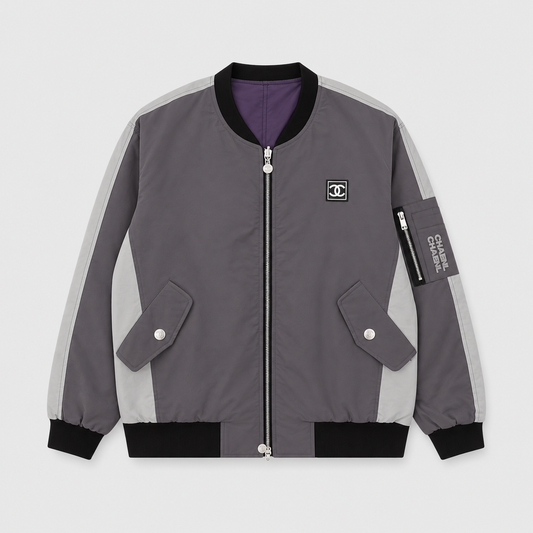 Chanel Grey Color Block Reversible Bomber Jacket CC Square Logo Unisex
