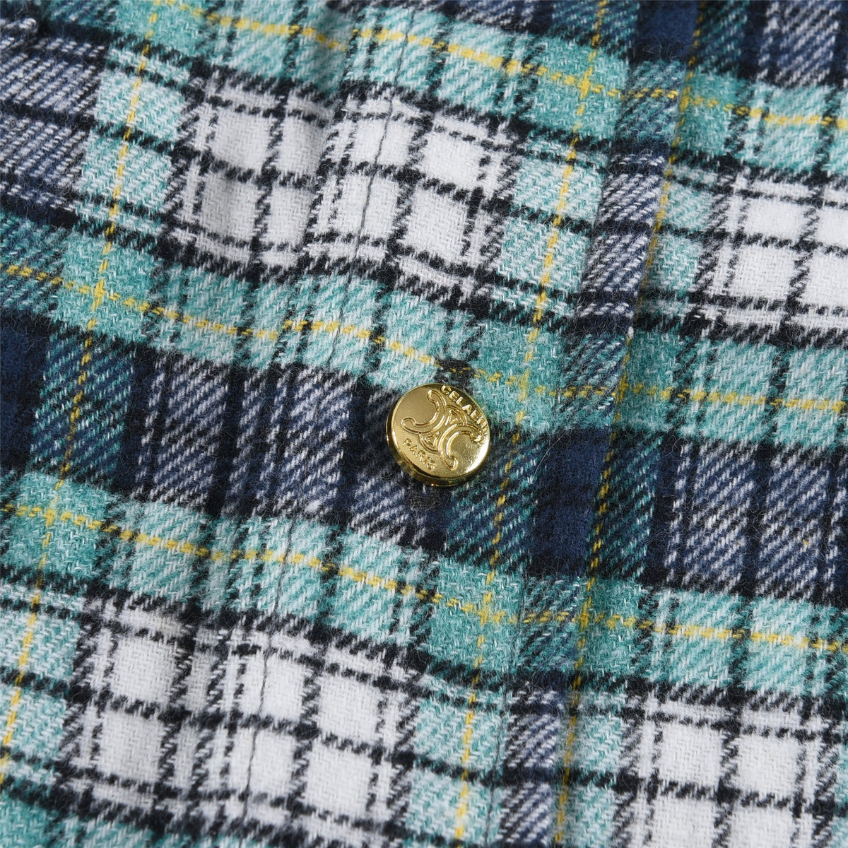 CELINE Plaid Western Shirt – Long Sleeve with Snap Buttons Unisex& Chest Pockets Green Blue