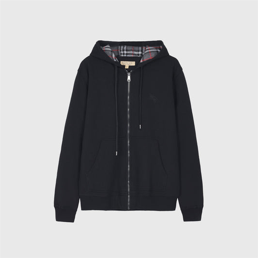 Burberry Black Knight Embroidered Zip Up Hoodie Check Lined Hood Unisex