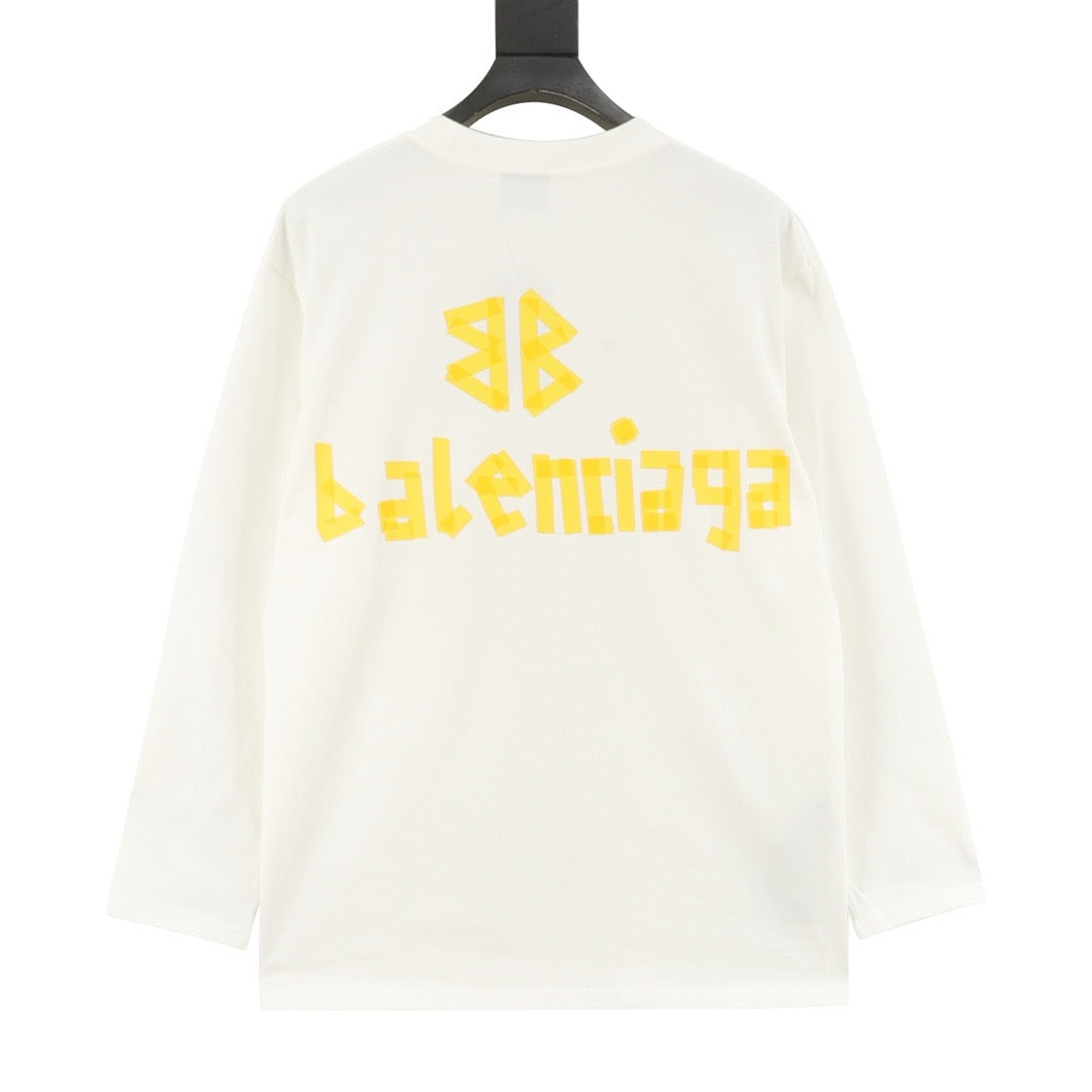 Balenciaga Tape Print Logo Long Sleeve Top Oversized Casual Shirt Unisex Off White with Gold Tape Print