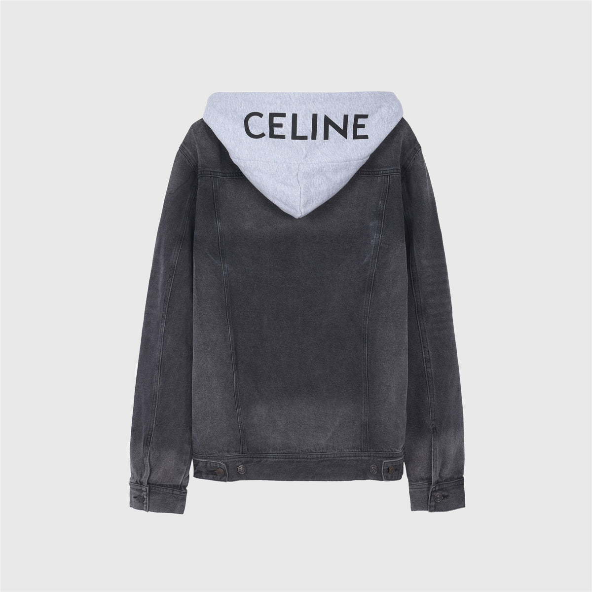 Unisex Black Washed Denim Jacket With Detachable Grey Hood