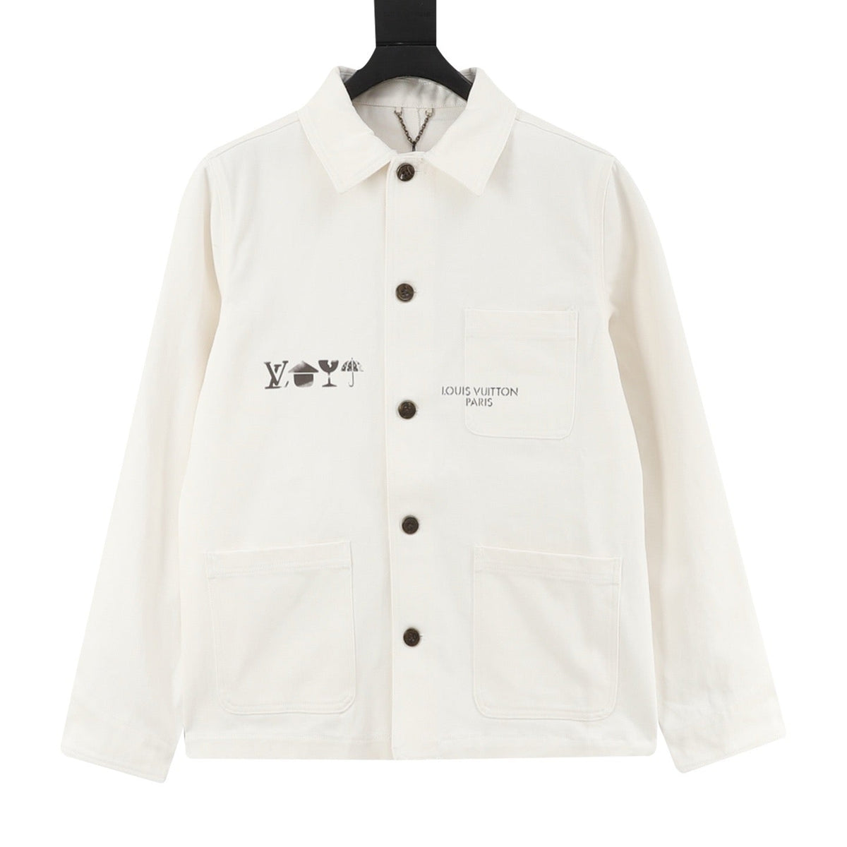 LV Signature Print Three Pocket Work Jacket Premium Cotton Outerwear Unisex Off White