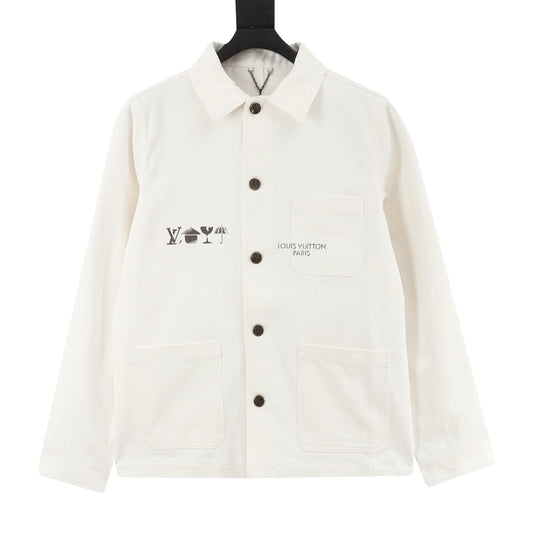 LV Signature Print Three Pocket Work Jacket Premium Cotton Outerwear Unisex Off White