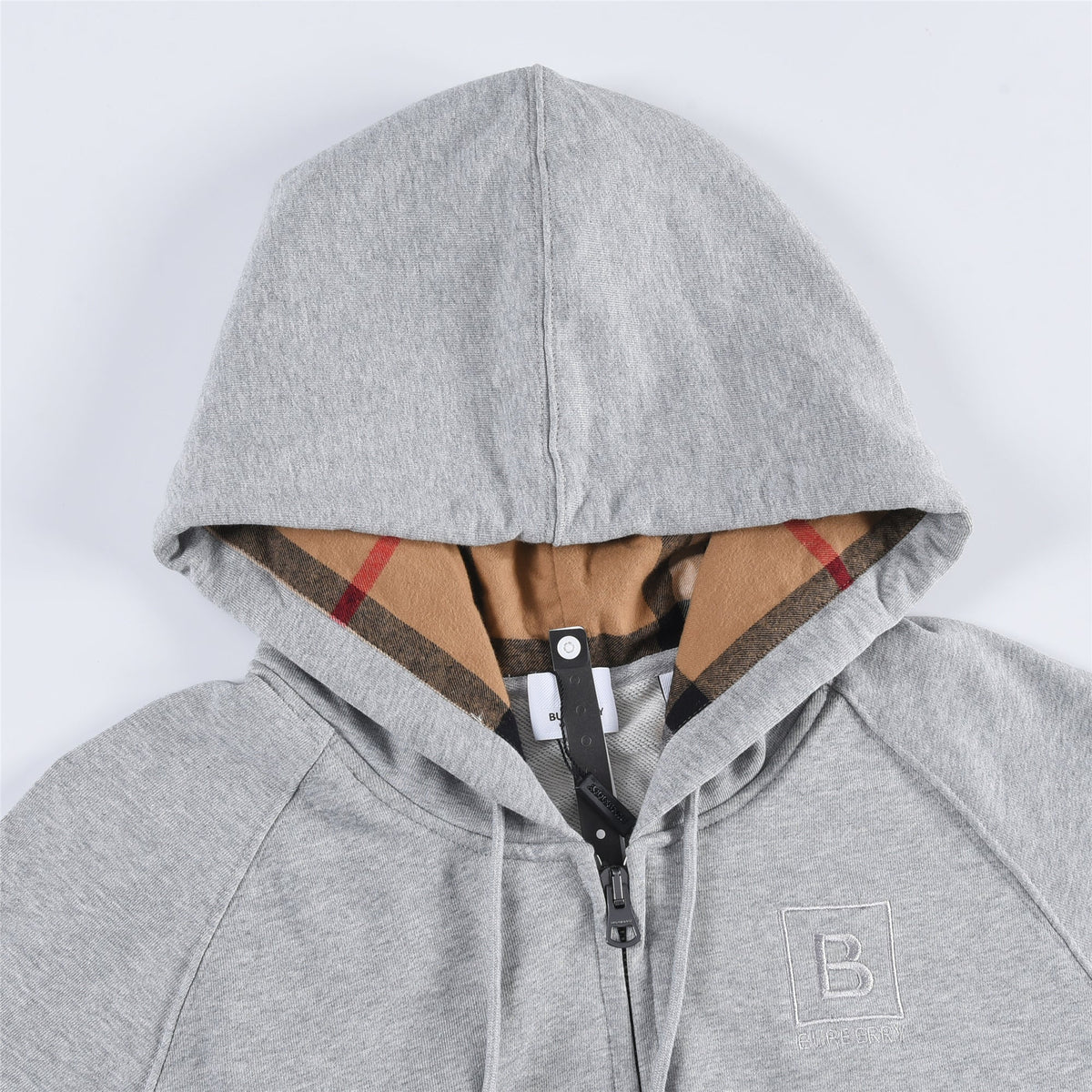 Burberry Heather Grey B Square Patch Zip Up Hoodie Vintage Check Hood Lining Unisex