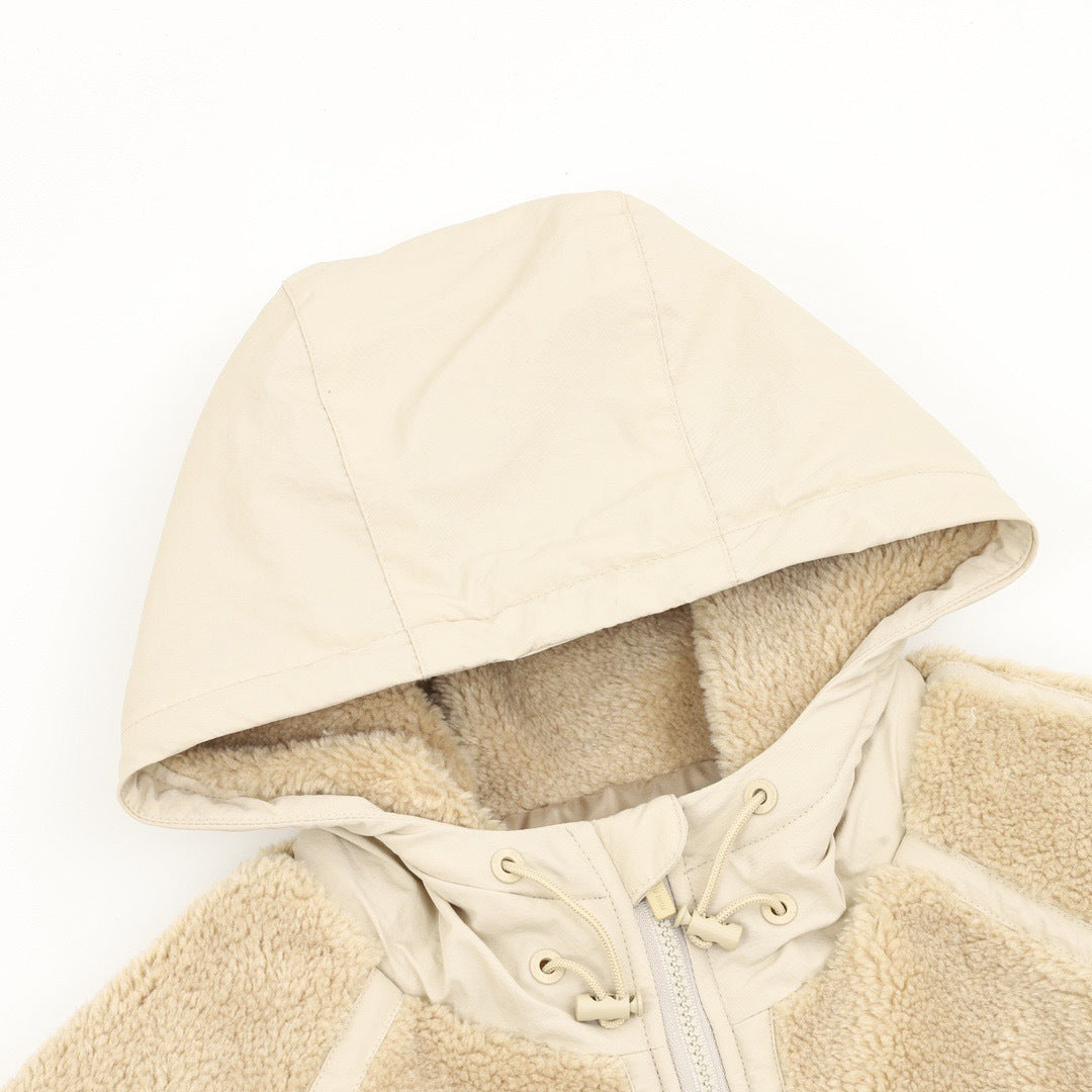 Miu Miu Beige Hooded Sherpa Fleece Zip Jacket Logo Patch Unisex