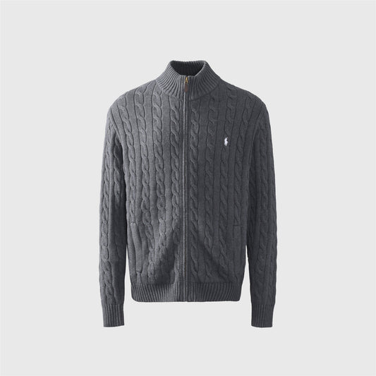 Polo Ralph Lauren Dark Grey Cable Knit Full Zip Sweater White Pony Logo Unisex