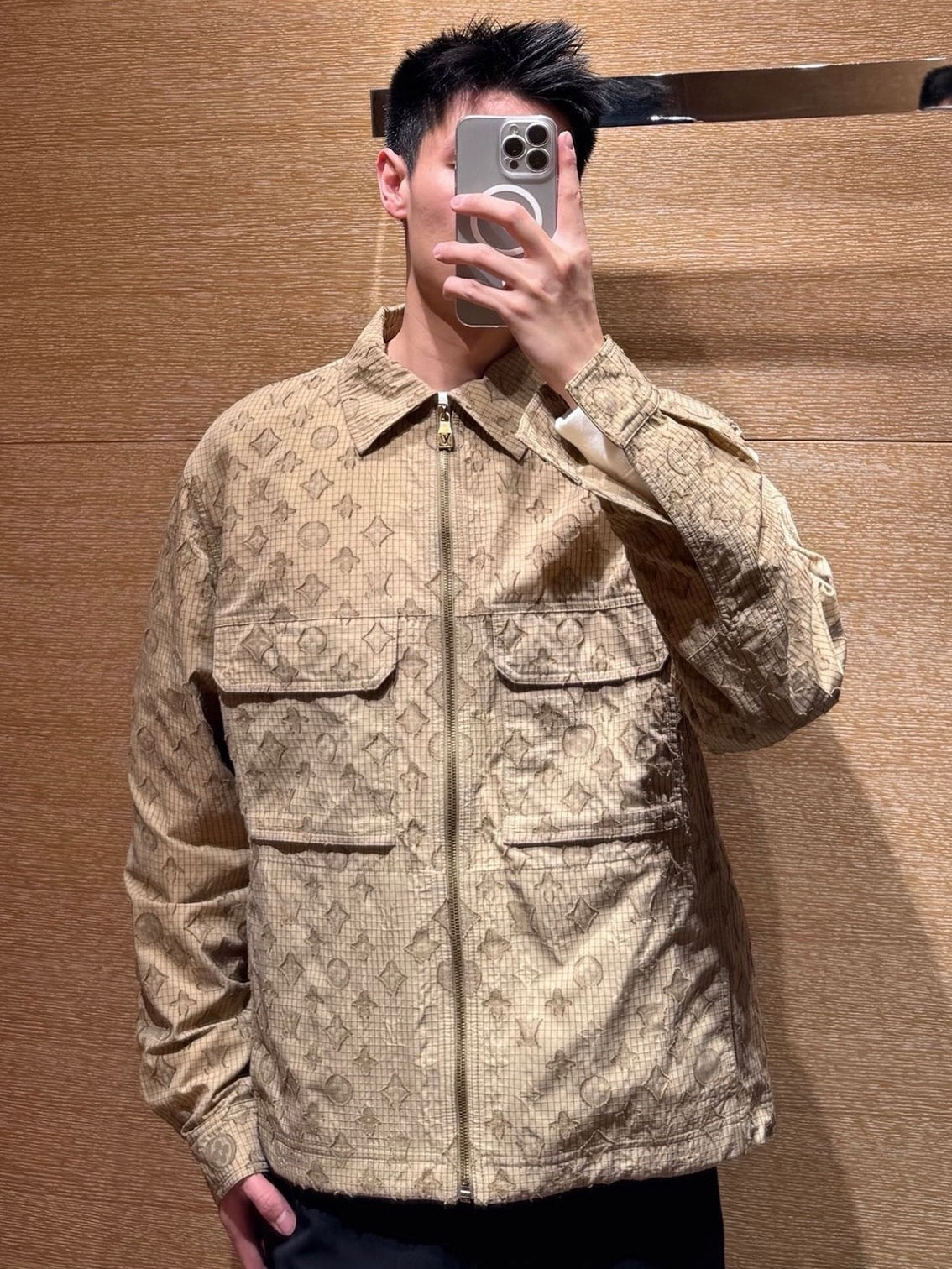 Louis Vuitton Jacquard Monogram Grid Collared Casual Workwear Jacket Unisex Khaki