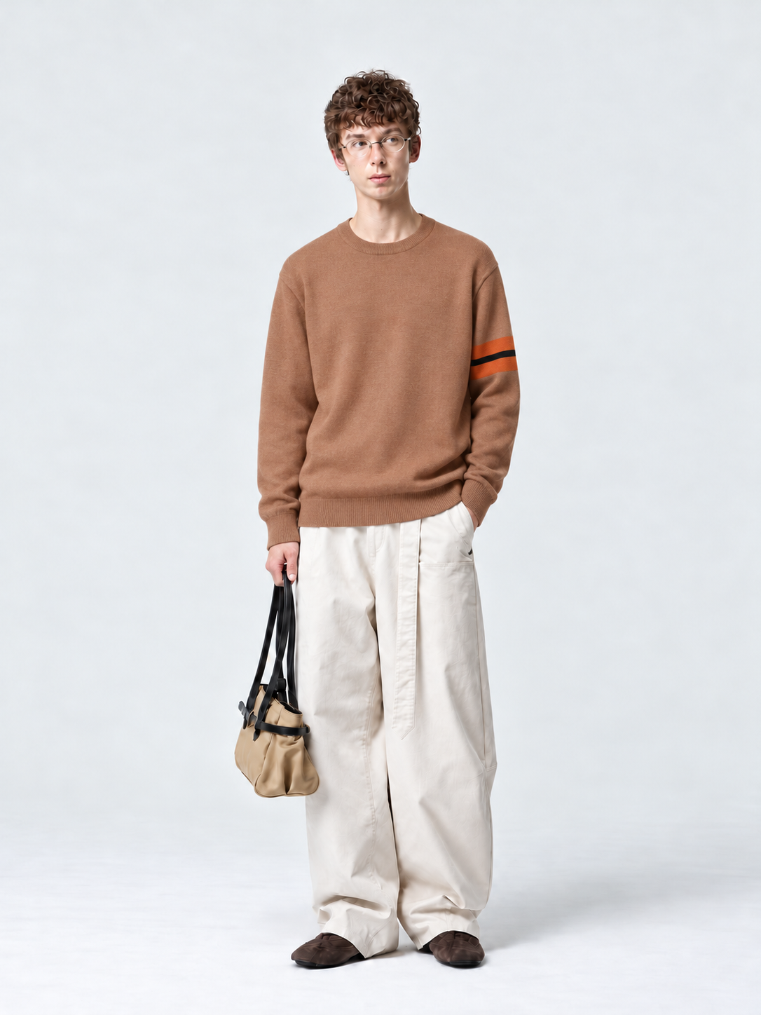 Camel Crew Neck Knit Sweater Orange Striped Sleeve Minimalist Pullover Unisex