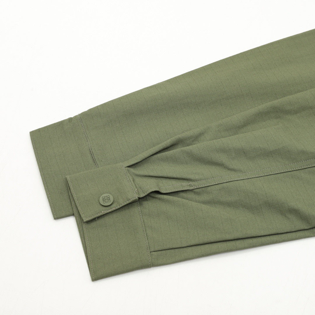 Loewe Army Green Pleated Collared Jacket Anagram Embroidery Zip Up Coat