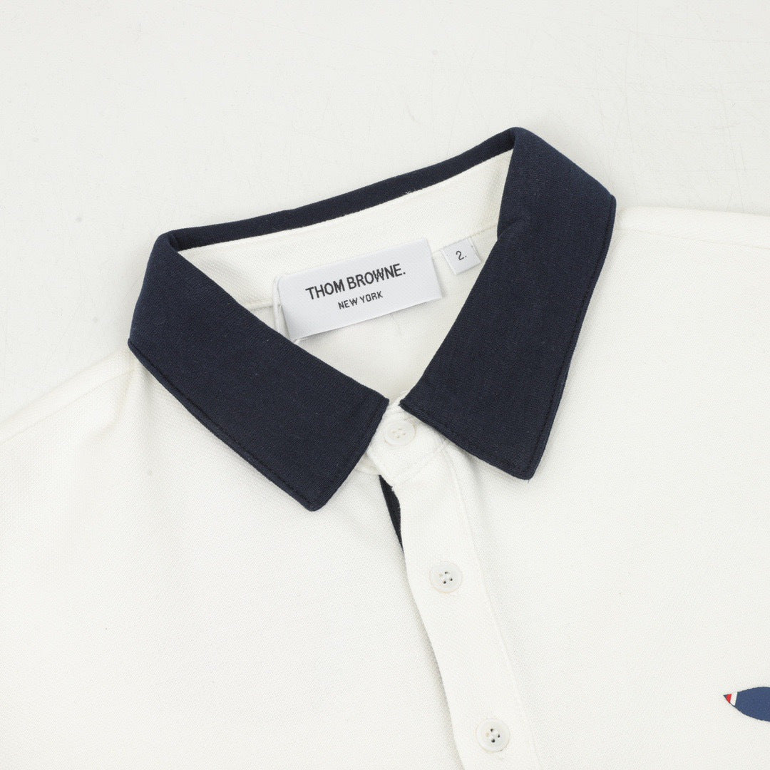 Thom Browne Whale Motif Long Sleeve Polo Shirt men – 4-Bar Stripe Ivory White with Navy